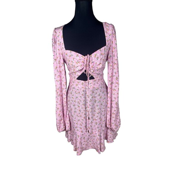 AFRM Los Angeles Barbie Core Cut Out Pink Floral Mini Dress Sz S Long Sleeve - Picture 5 of 6